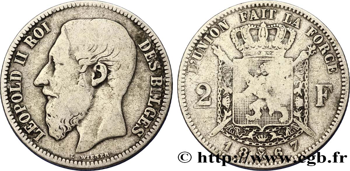 BELGIUM 2 Francs Léopold II légende française 1867  VF 
