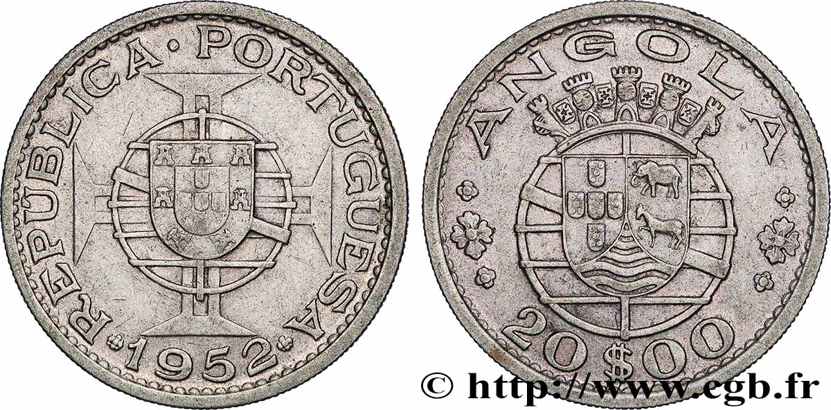 ANGOLA 20 Escudos emblème du Portugal 1952 TTB