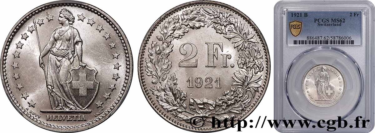 SCHWEIZ 2 Francs Helvetia 1921 Berne - B VZ62 PCGS