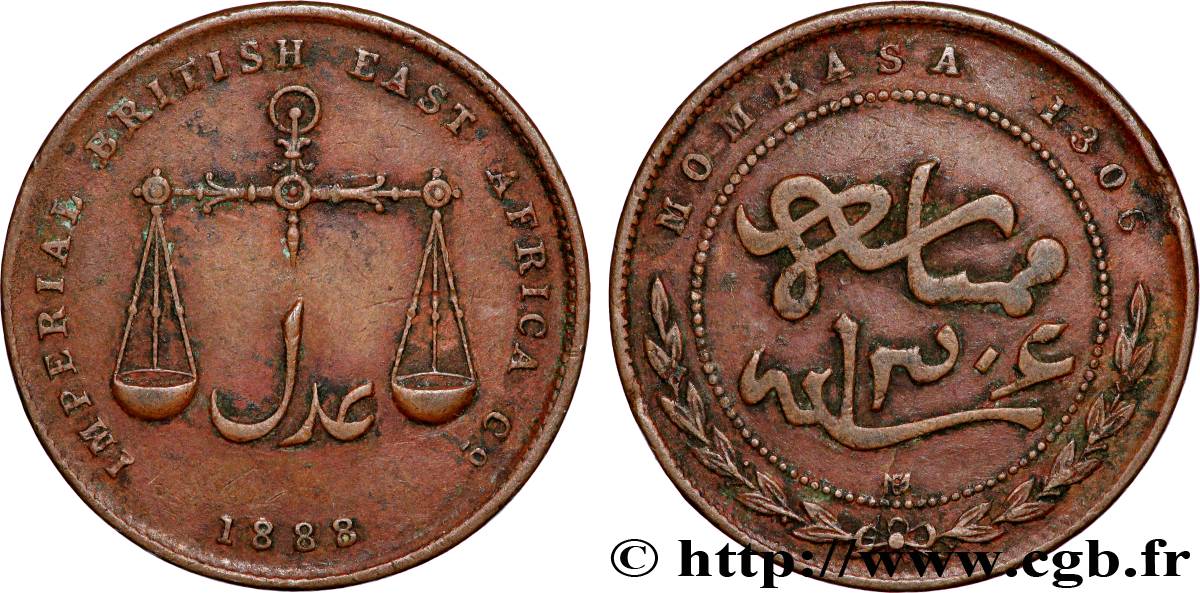 MOMBASA 1 Pice Imperial British East Africa Company AH1306 1888 Calcutta XF