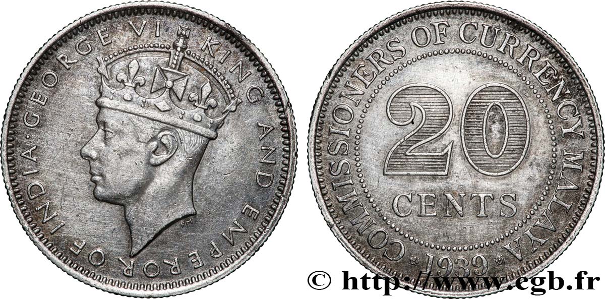 MALAISIE - ÉTABLISSEMENTS DES DÉTROITS 20 Cents Straits Settlements Georges VI 1939 TTB+