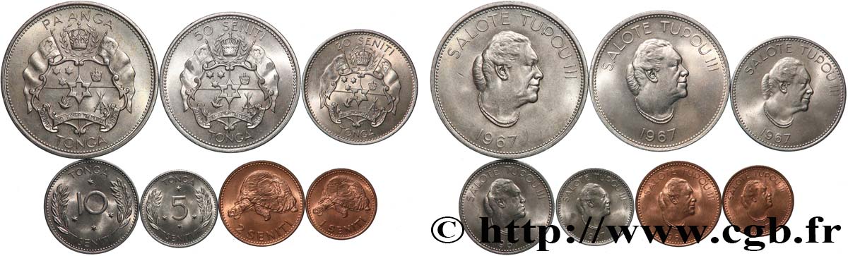 TONGA Lot de 7 monnaies en Commémoration de la mort de la reine Salote Tupou III 1967 SPL