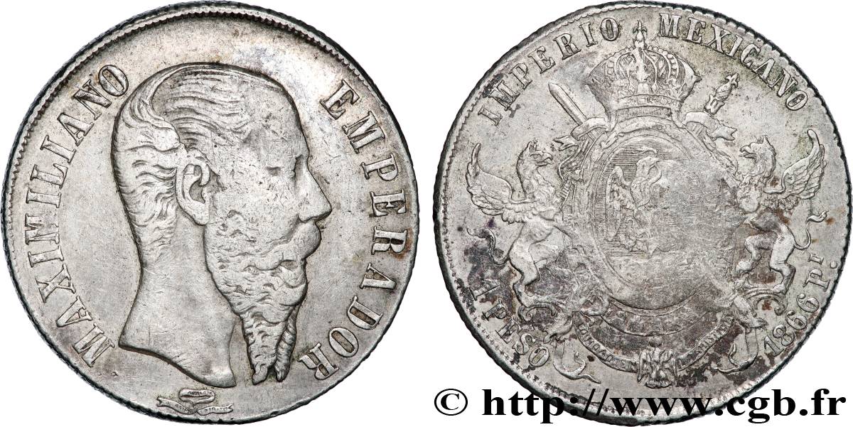 MEXIQUE - MAXIMILIEN Ier 1 Peso Empereur 1866 Mexico TB+