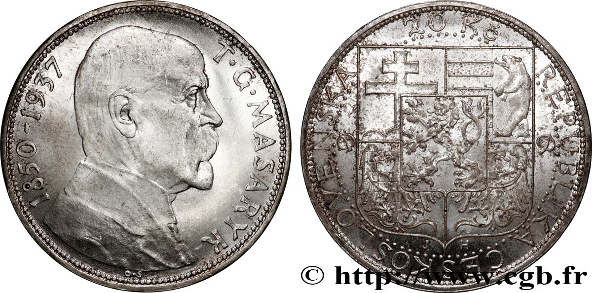 TCHÉCOSLOVAQUIE 20 Korun Mort du Président Thomas Masaryk 1937 SUP