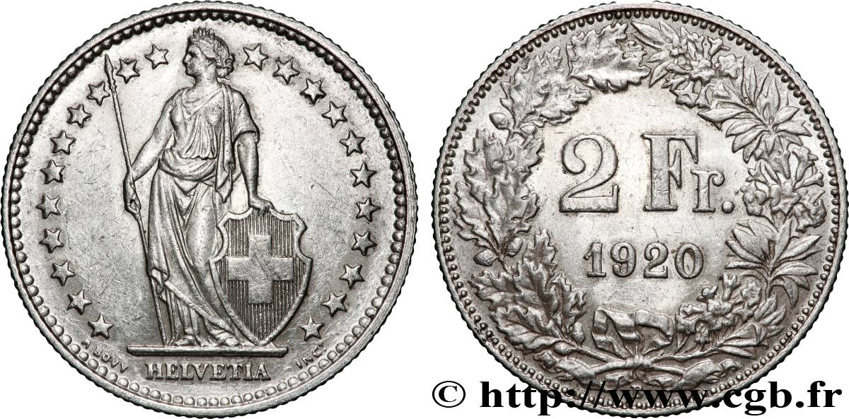 SUISSE 2 Francs Helvetia 1920 Berne TTB