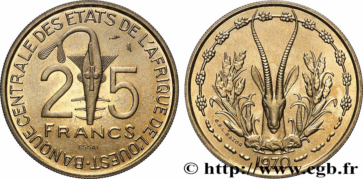 WESTAFRIKANISCHE LÄNDER Essai de 25 Francs BCEAO 1970 Paris fST