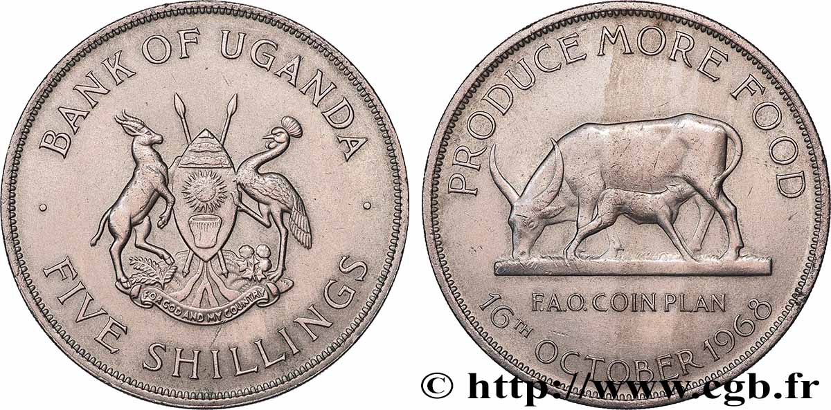 OUGANDA 5 Shillings F.A.O. vache et veau 1968 Londres SUP