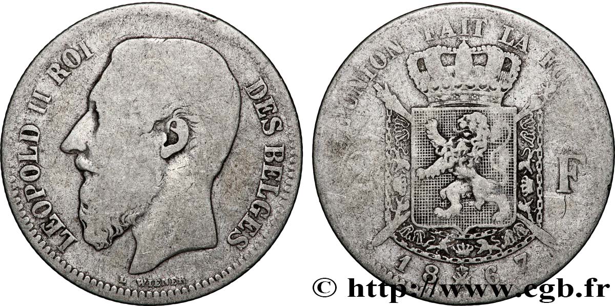 BELGIQUE 2 Francs Léopold II légende française 1867 Bruxelles TB