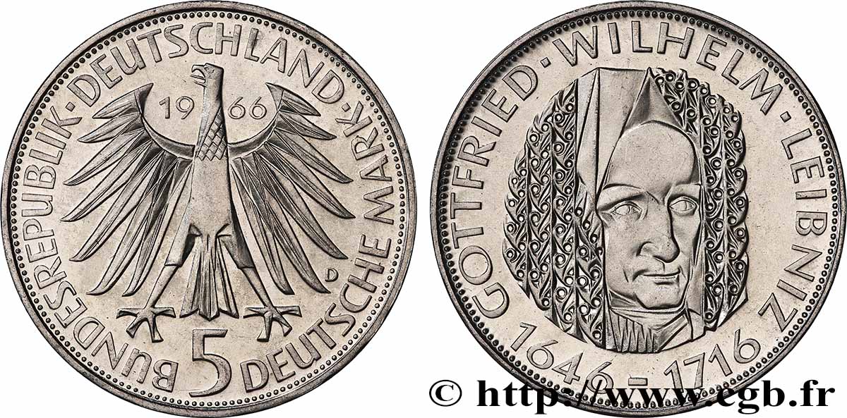 DEUTSCHLAND 5 Mark aigle héraldique / le philosophe et mathématicien Gottfried Wilhelm Leibniz 1966 Munich - D fST
