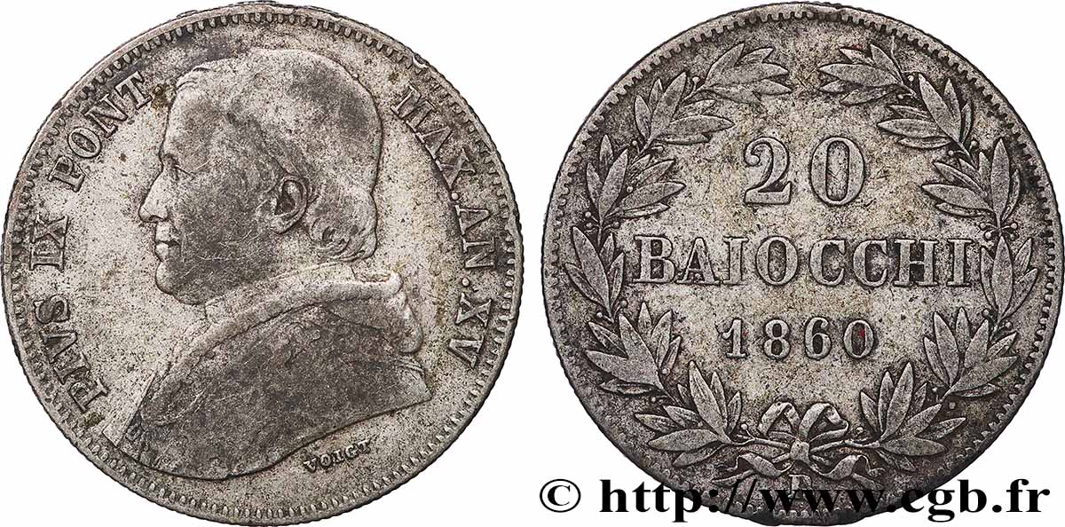VATICAN ET ÉTATS PONTIFICAUX 20 Baiocchi an XV 1860 Rome TB+