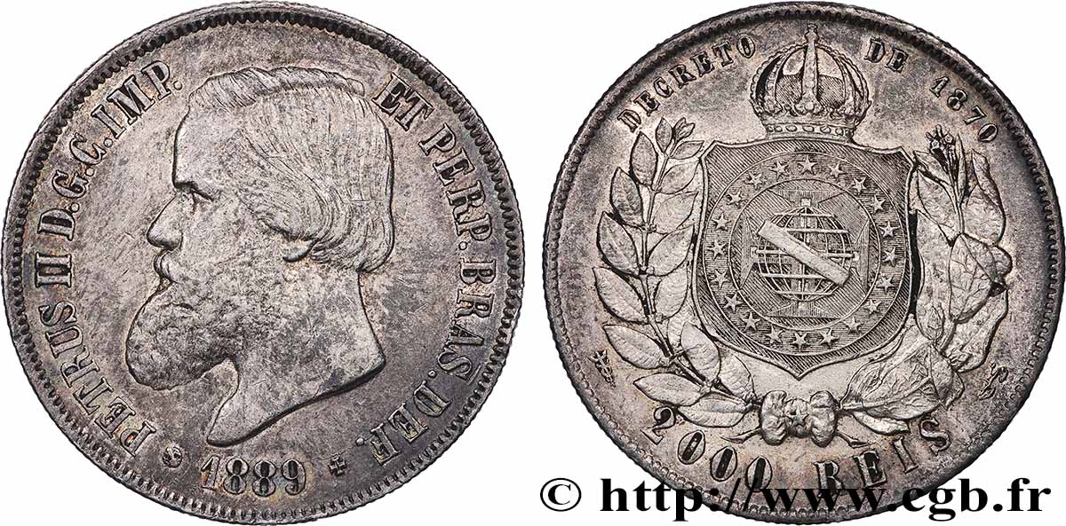 BRÉSIL - EMPIRE DU BRÉSIL - PIERRE II 2000 Reis Empereur 1889 XF