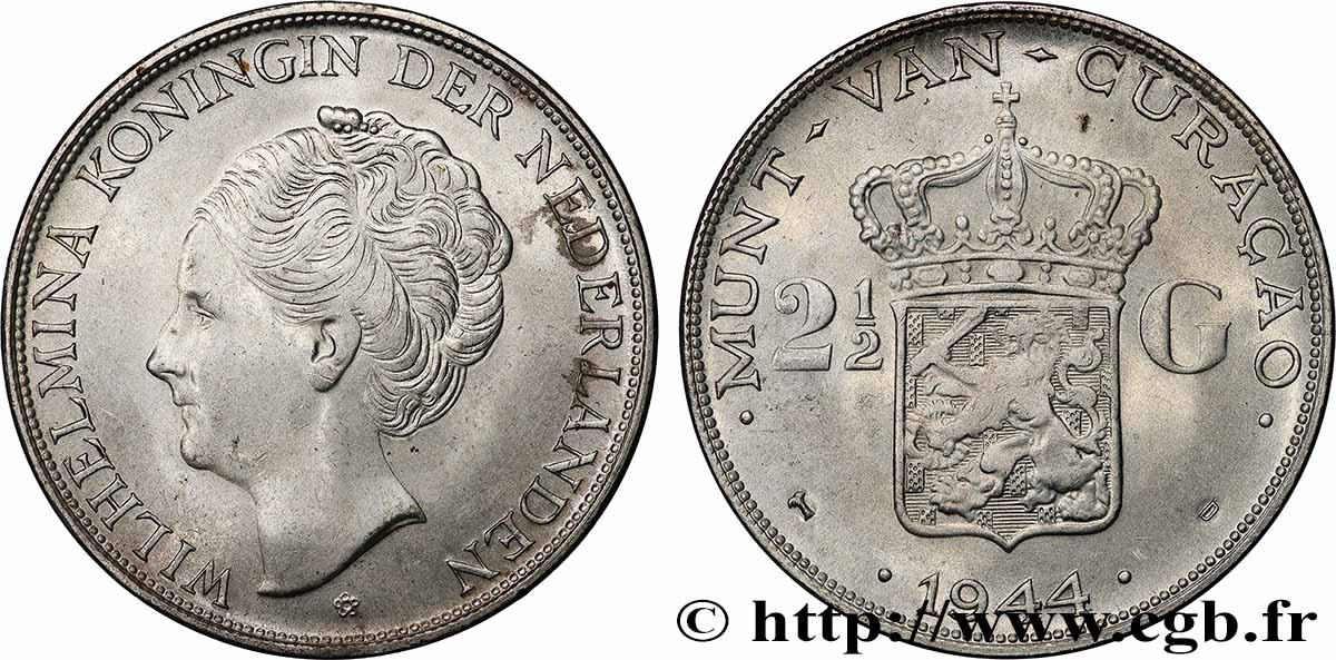 CURAçAO 2 1/2 Gulden reine Wilhelmina des Pays Bas 1944 Denver VZ