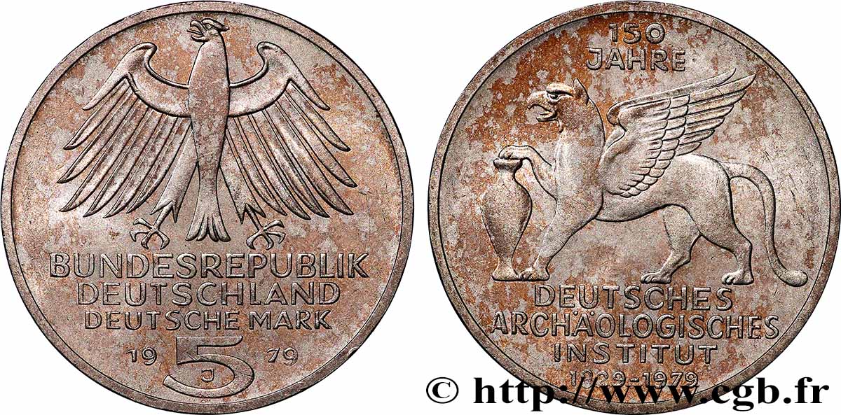 ALEMANIA 5 Mark 150e anniversaire de l’Institut Archéologique Allemand Proof 1979 Hambourg EBC