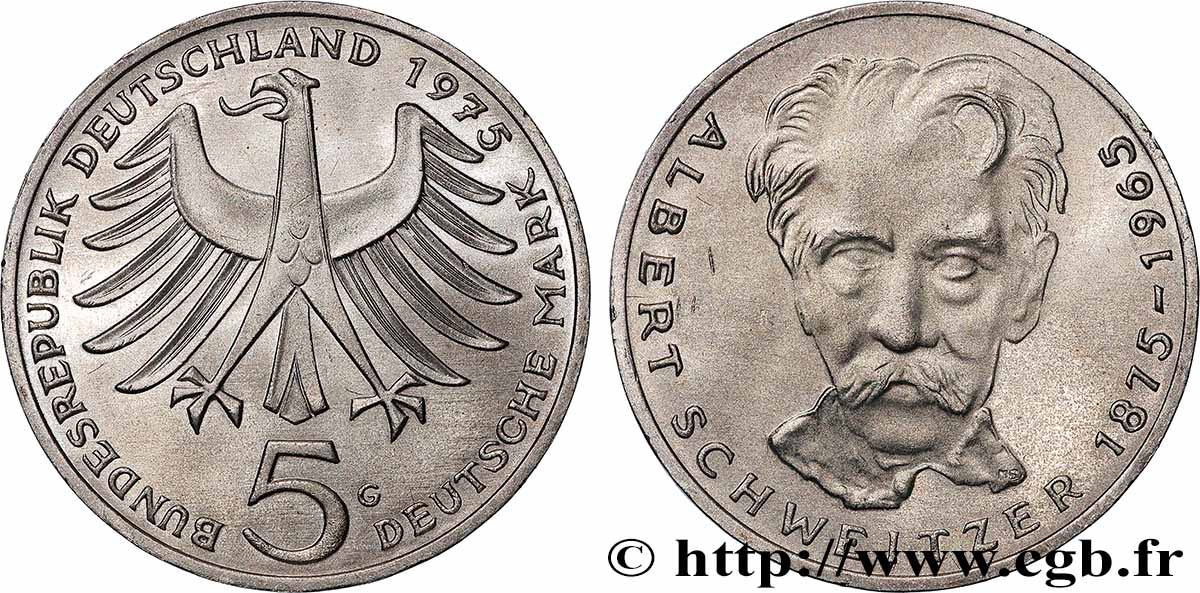 GERMANY 5 Mark Proof Albert Schweitzer 1975 Karlsruhe MS