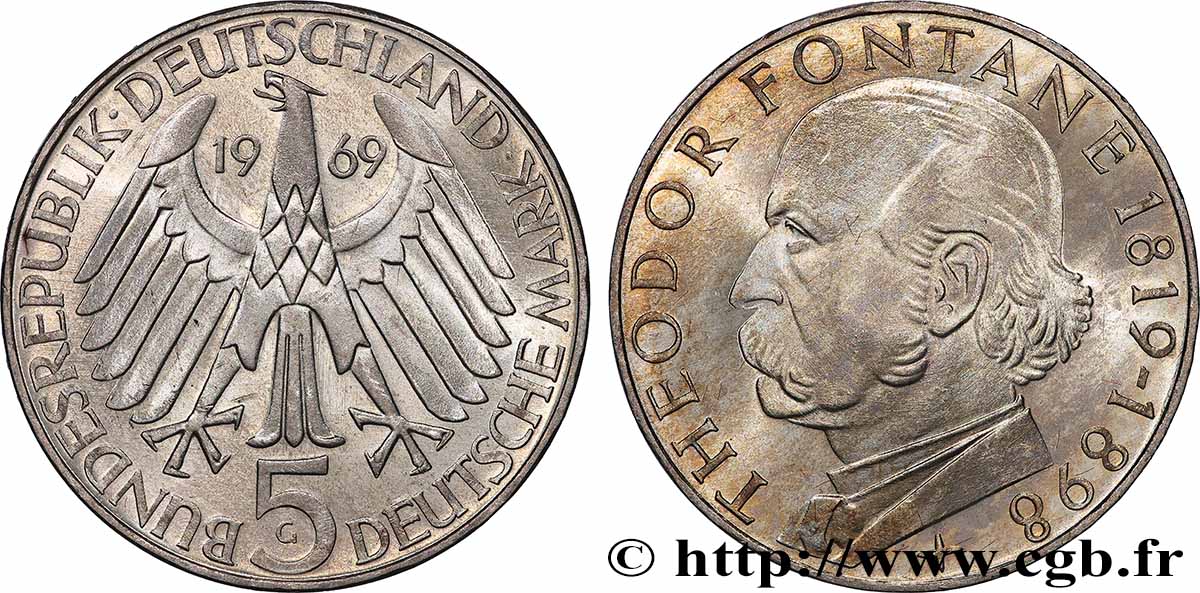 ALLEMAGNE 5 Mark Proof Théodor Fontane 1969 Karlsruhe SPL