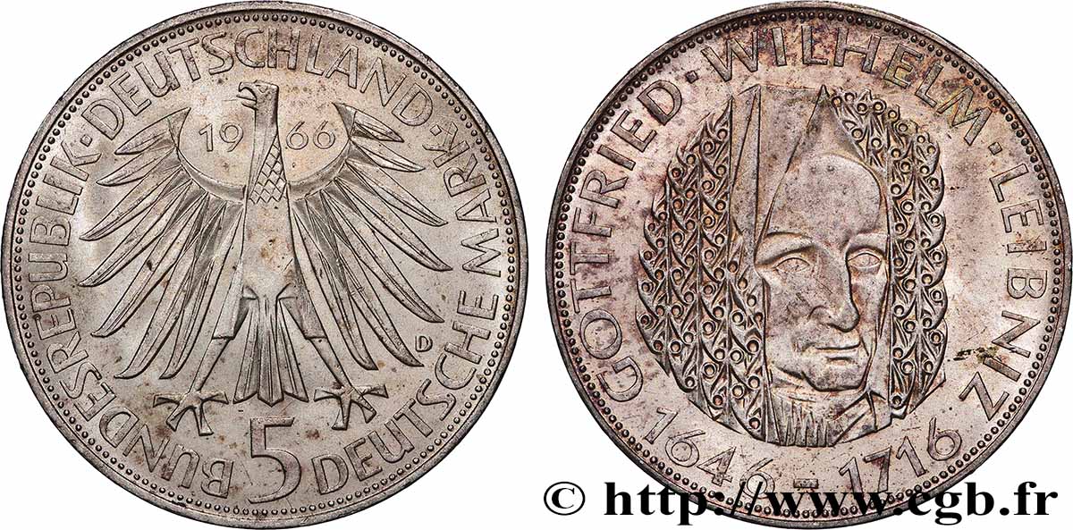 GERMANIA 5 Mark aigle héraldique / le philosophe et mathématicien Gottfried Wilhelm Leibniz 1966 Munich - D MS