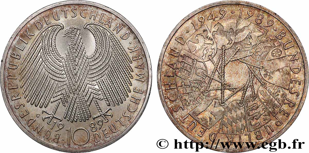 GERMANY 10 Mark Proof 40e anniversaire de la fondation de la République Fédérale Allemande 1989 Karlsruhe MS