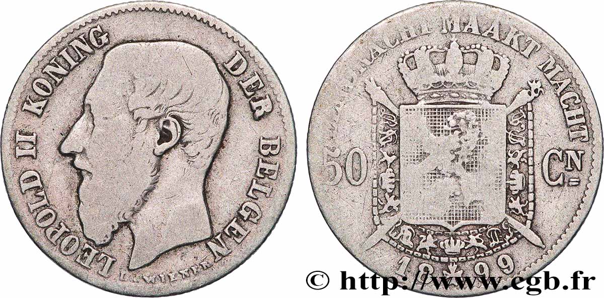 BELGIQUE 50 Centiemen (Centimes) Léopold II légende flamande 1899 TB
