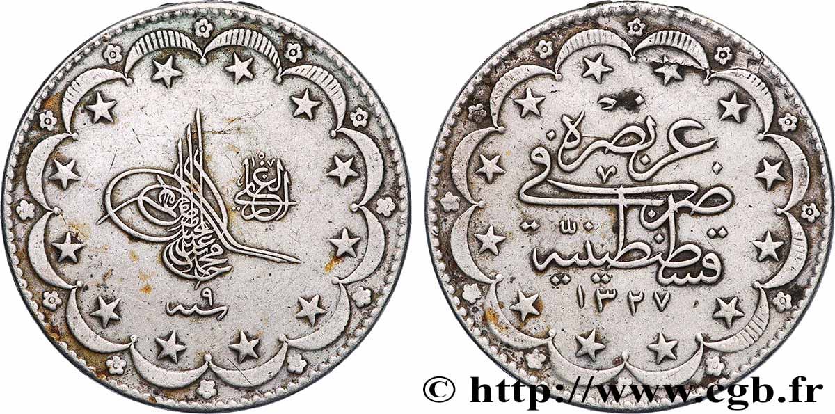 TURQUIE 20 Kurush AH1327 an 9 (1917) Constantinople TTB
