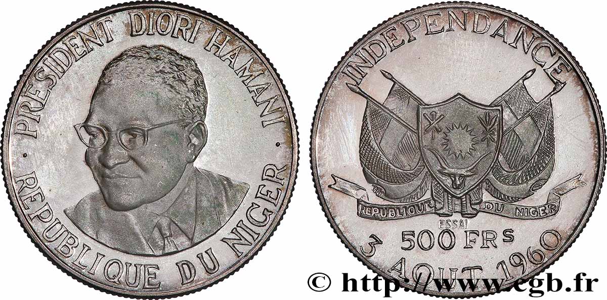 NIGER - REPUBLIK - HAMANI DIORI Essai de 500 Francs Proof 1960 Paris fST