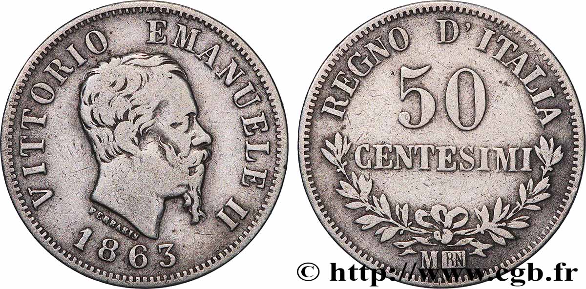 ITALIE 50 Centesimi Victor Emmanuel II 1863 Milan TB+