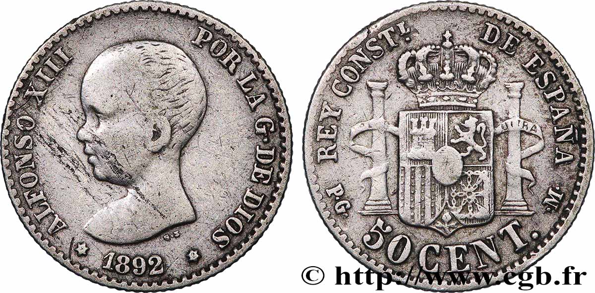 ESPAGNE 50 Centimos Alphonse XIII buste bébé 1892 Madrid TB+/TTB