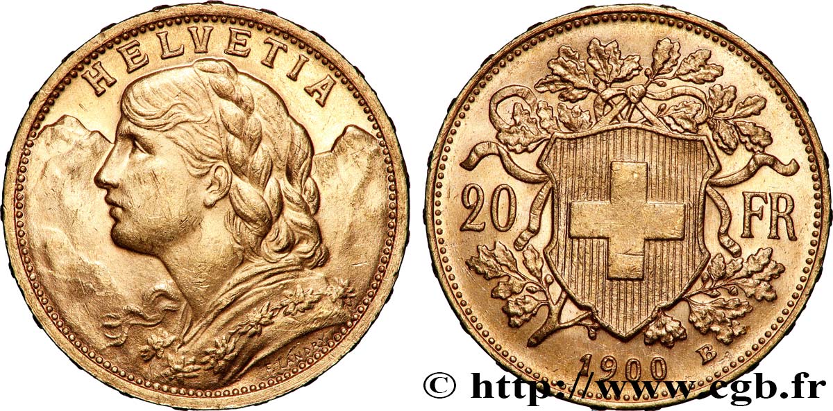 OR, PALLADIUM ET PLATINE INVESTISSEMENT 20 Francs Vreneli 1900 Berne SUP