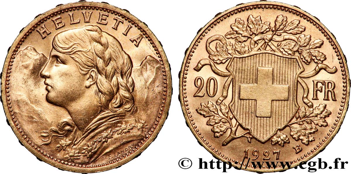 OR, PALLADIUM ET PLATINE INVESTISSEMENT 20 Francs or Vreneli 1927 Berne SUP