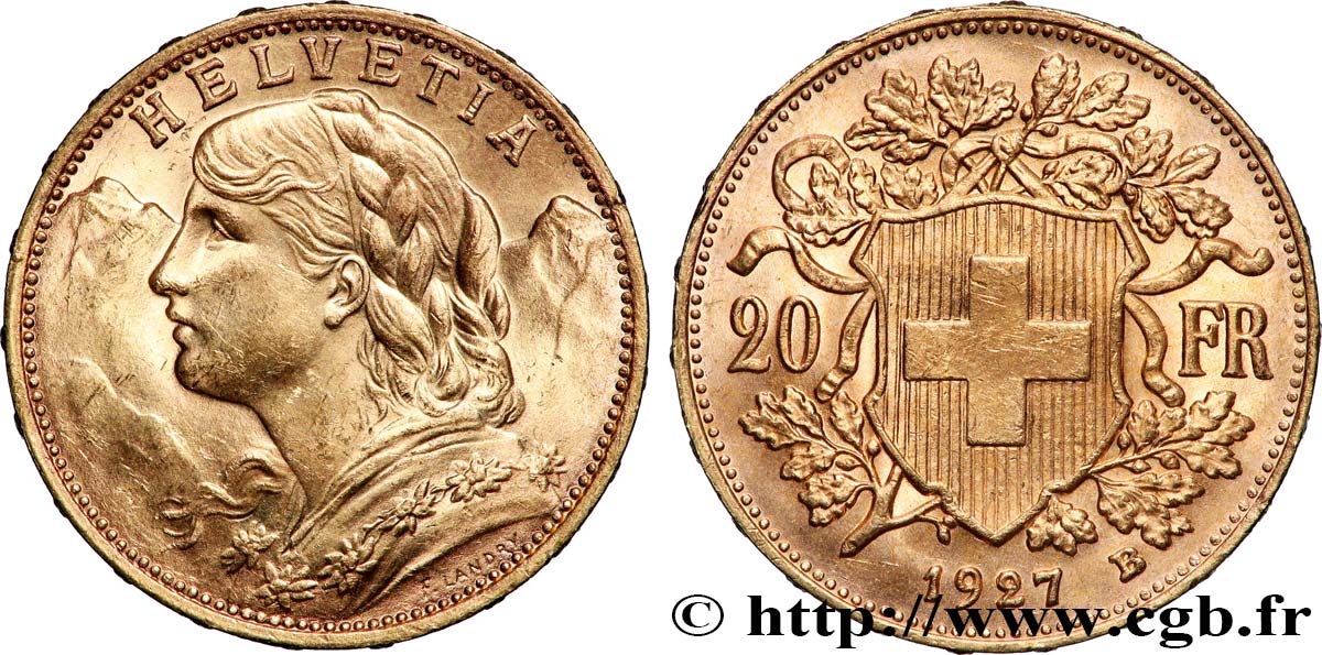 OR, PALLADIUM ET PLATINE INVESTISSEMENT 20 Francs or Vreneli 1927 Berne SUP