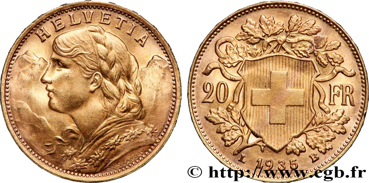 OR, PALLADIUM ET PLATINE INVESTISSEMENT 20 Francs Vreneli 1935 Berne SPL