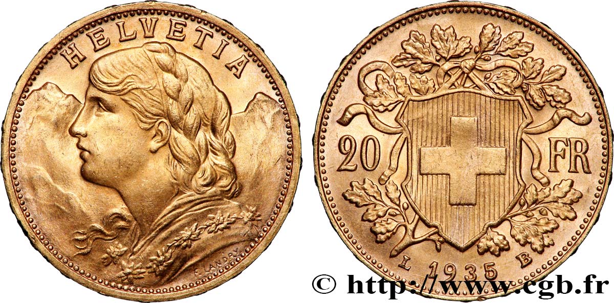 OR, PALLADIUM ET PLATINE INVESTISSEMENT 20 Francs Vreneli 1935 Berne SPL