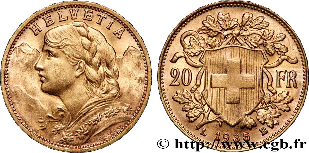 OR, PALLADIUM ET PLATINE INVESTISSEMENT 20 Francs Vreneli 1935 Berne SPL