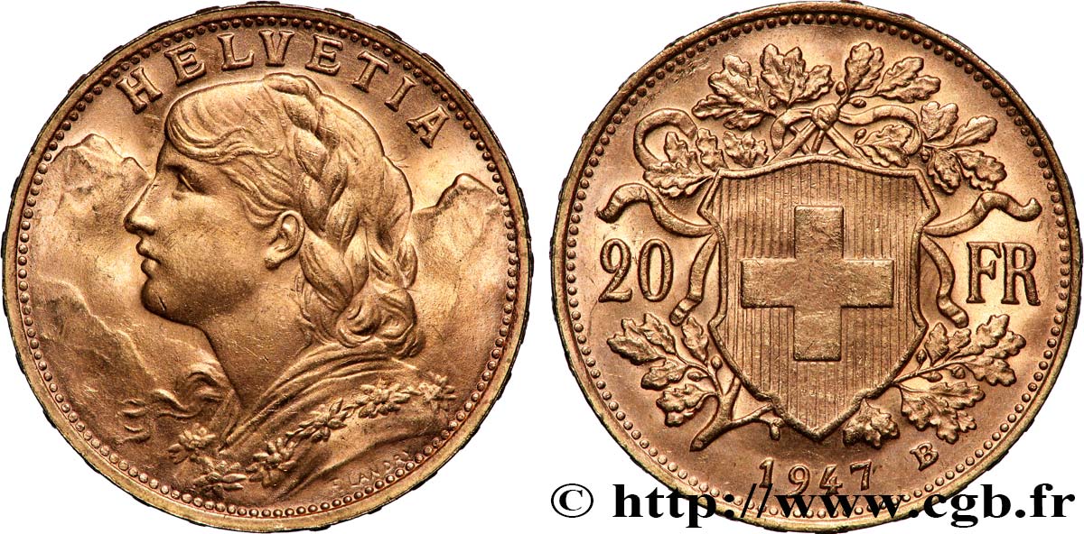 OR, PALLADIUM ET PLATINE INVESTISSEMENT 20 Francs or Vreneli 1947 Berne SUP