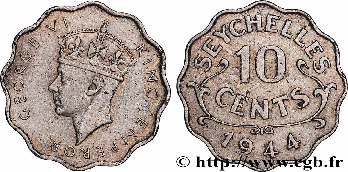 SEYCHELLES 10 Cents Georges VI 1944 Londres XF