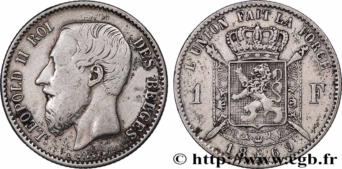 BELGIQUE 1 Franc Léopold II légende française 1869 Bruxelles TB+
