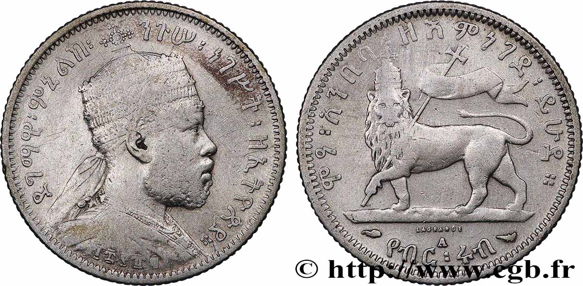ÉTHIOPIE 1/4 Birr roi Menelik II EE1889 1897 Paris TB+