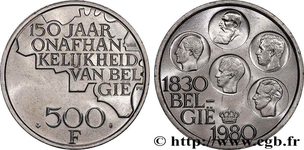 BELGIQUE 500 Francs légende flamande 150e anniversaire de l’indépendance, portrait des 5 rois / carte de Belgique 1980 Bruxelles SUP