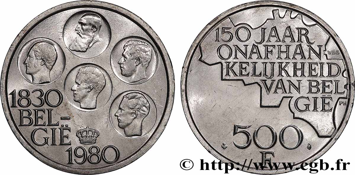 BÉLGICA 500 Francs légende flamande 150e anniversaire de l’indépendance, portrait des 5 rois / carte de Belgique 1980 Bruxelles EBC