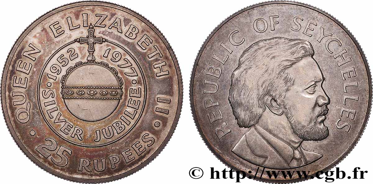 SEYCHELLES 25 Rupees 25e anniversaire de règne de la reine Elizabeth II 1977 SPL