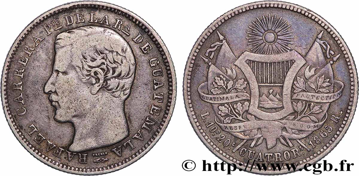 GUATEMALA 4 Reales Rafael Carrera 1865 TB+