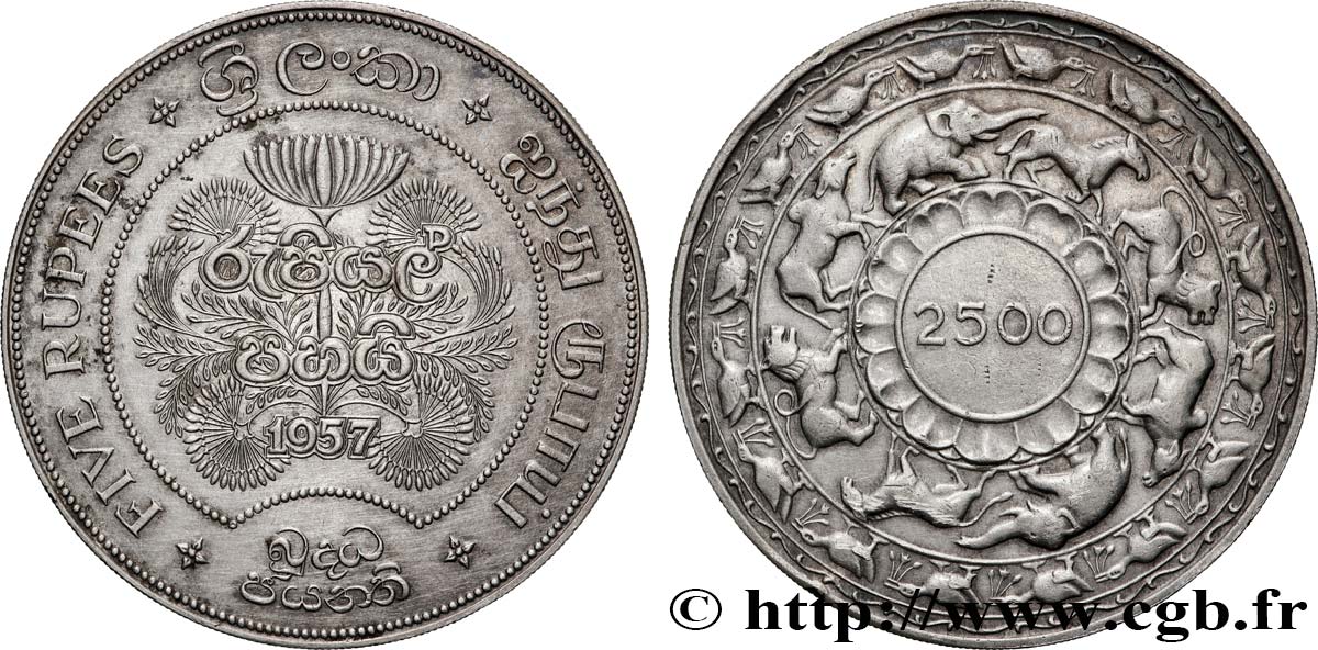 CEYLAN 5 Roupies (Rupees) 2500 ans de Bouddhisme 1957 TTB+