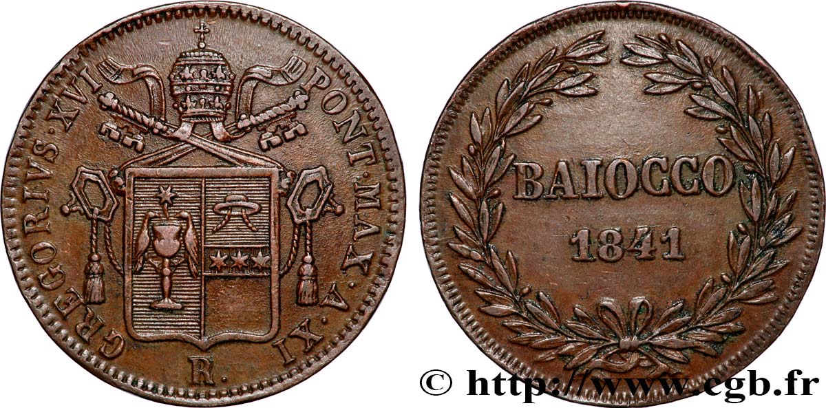 ITALIE - ÉTATS DU PAPE - GRÉGOIRE XVI (Bartolomeo Alberto Cappellari) 1 Baiocco armes du vatican an XI 1841 Rome TTB+