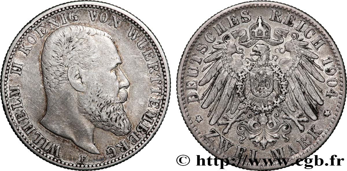 GERMANY - WÜRTTEMBERG 2 Mark Guillaume II 1904 Stuttgart AU
