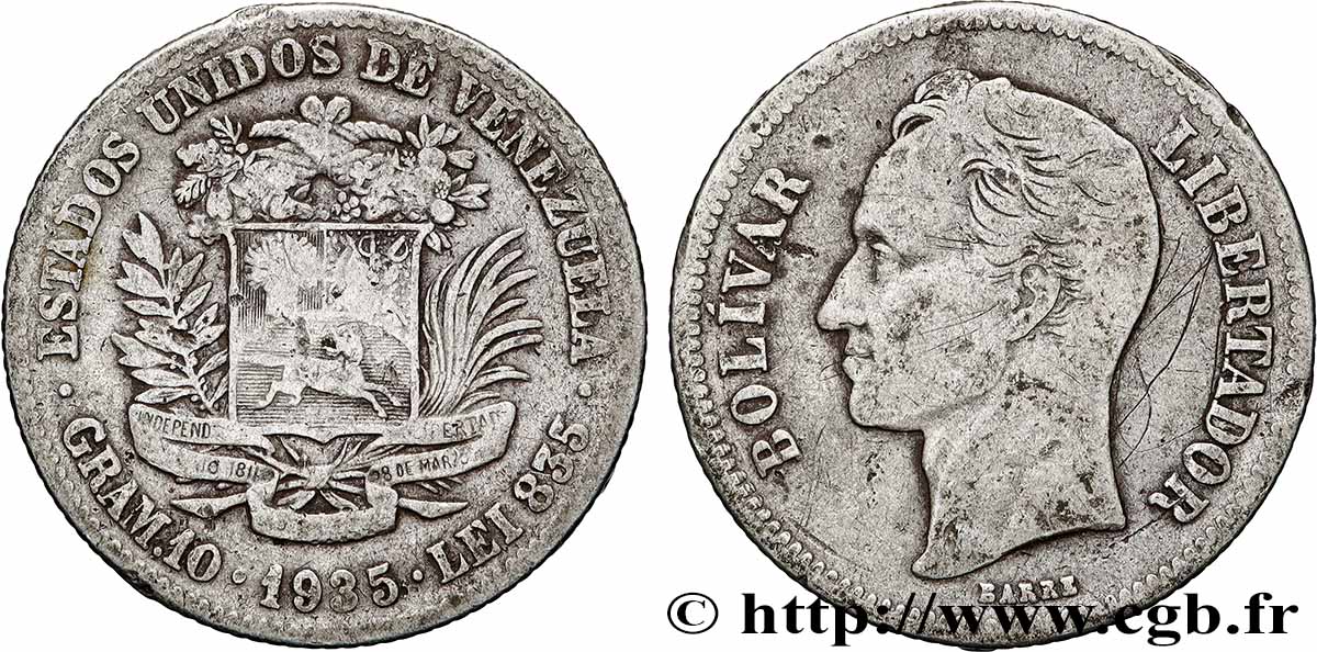 VENEZUELA 2 Bolivares Simon Bolivar 1935 Philadelphie TB+