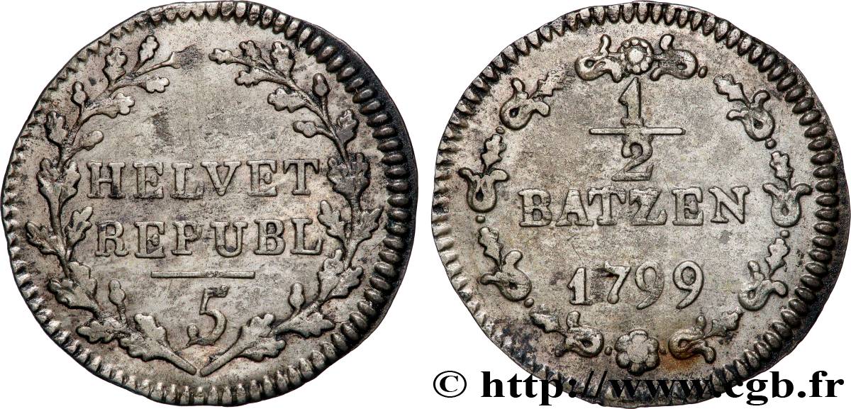 SWITZERLAND - HELVETIC REPUBLIC 1/2 Batzen 1799 Berne XF
