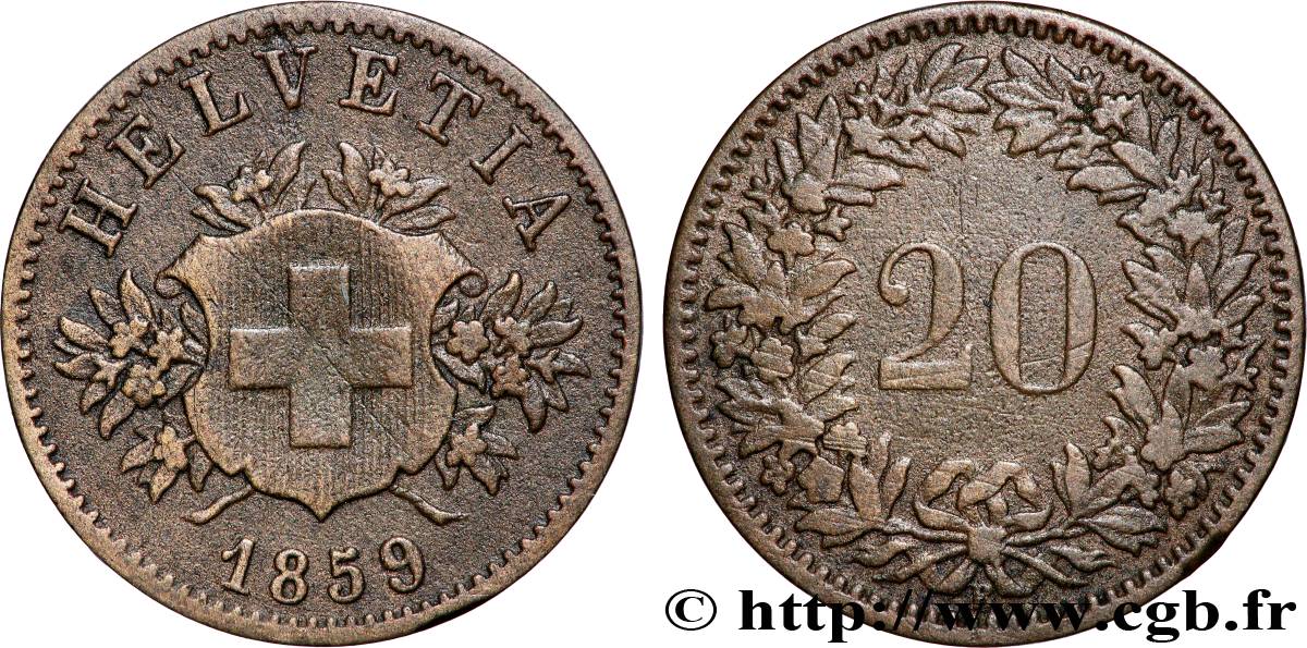 SUIZA 20 Centimes (Rappen) croix suisse 1859 Berne - B MBC