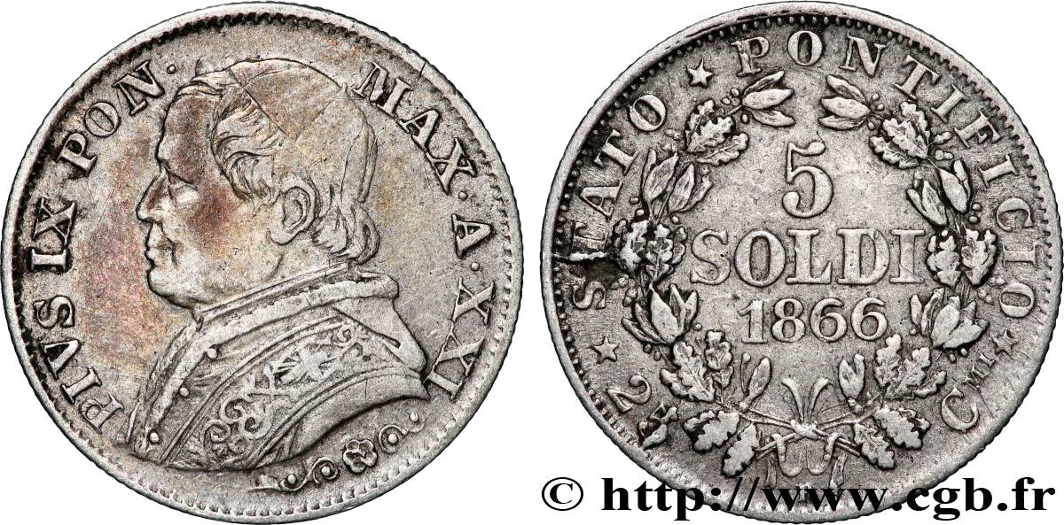 VATICAN AND PAPAL STATES 5 Soldi Pie IX an XXI 1866 Rome XF