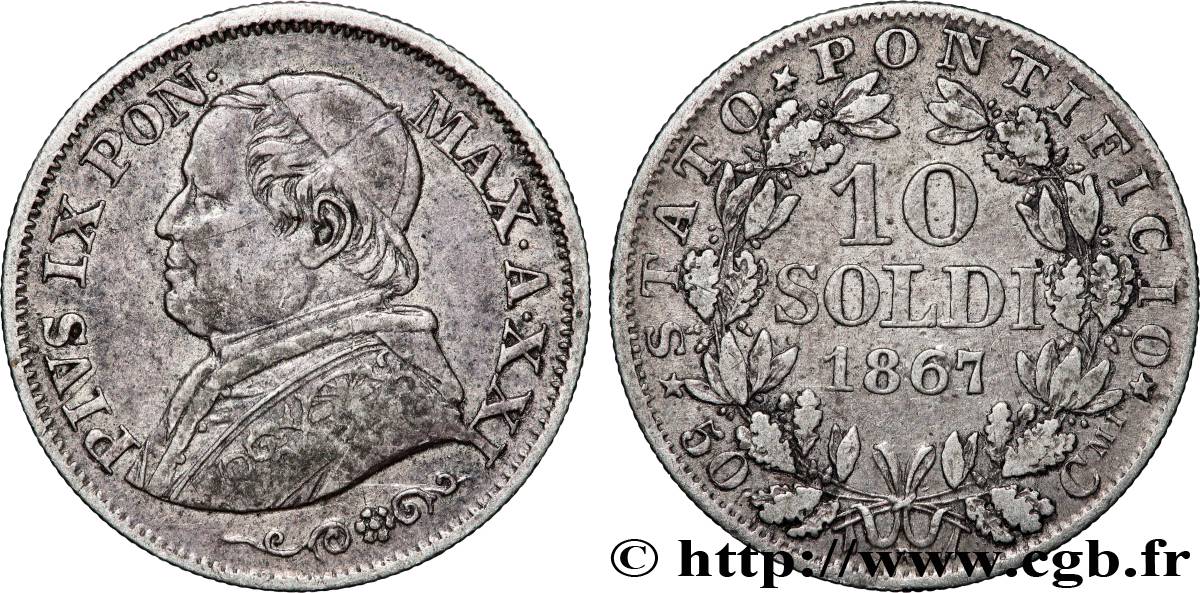 VATICAN AND PAPAL STATES 10 Soldi Pie IX an XXI 1867 Rome XF