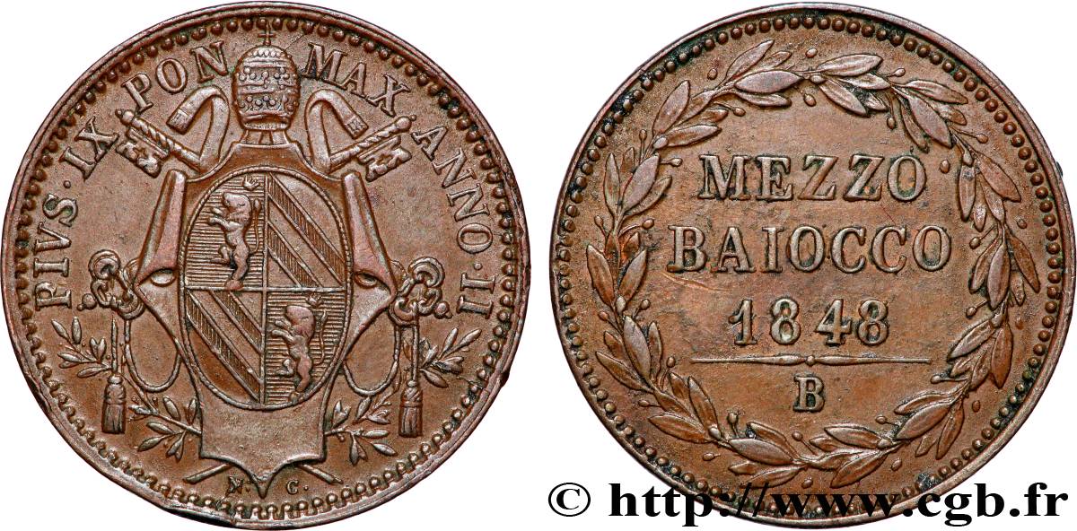 ITALIE - ÉTATS DU PAPE - PIE IX (Jean-Marie Mastai Ferretti) 1/2 Baiocco an IV 1848 Rome TTB+