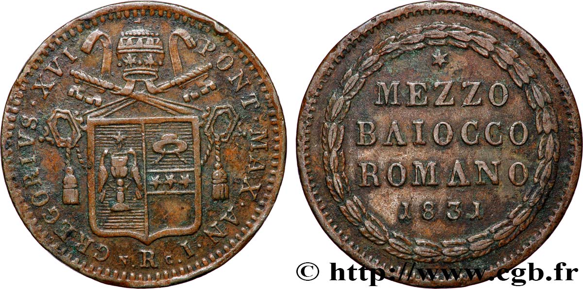 VATICAN ET ÉTATS PONTIFICAUX 1/2 Baiocco Grégoire XVI 1831 Rome TTB+